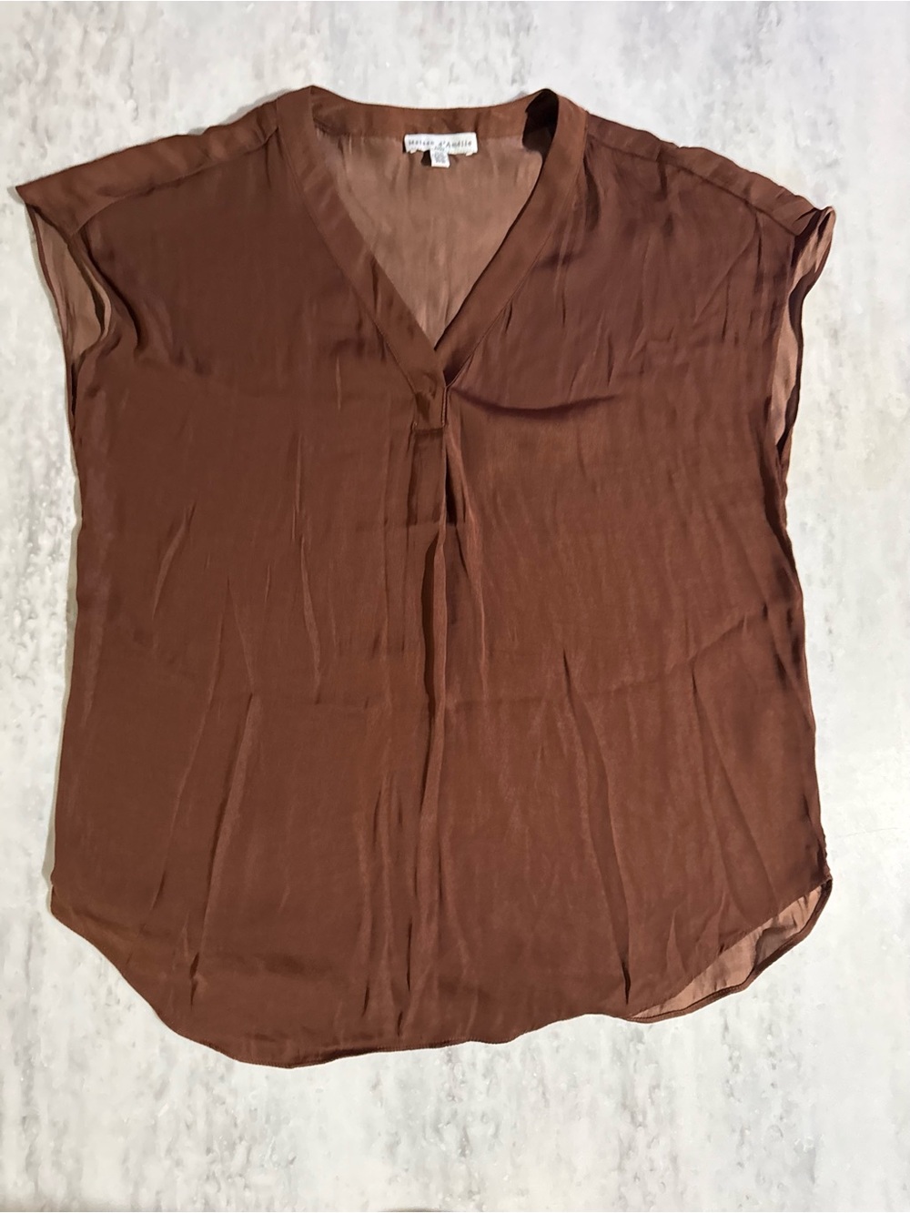 Neutral Classic Brown Silky Flowy Boho V-Neck Cap Sleeve Blouse XS